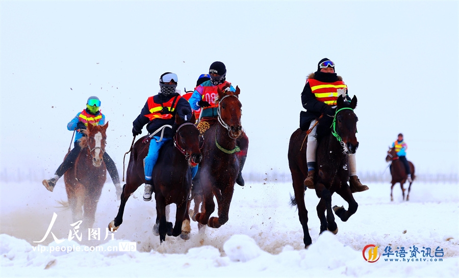 2024年2月2日，选手们在雪域草原上参加赛马比赛。