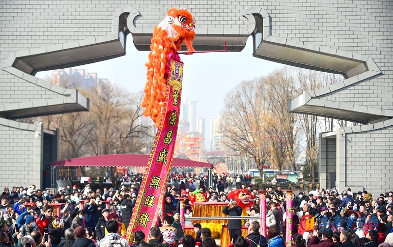 河南省洛阳市2024隋唐城遗址植物园河洛文化庙会上，民间艺人为游客表演精彩的舞狮民俗表演。黄政伟摄